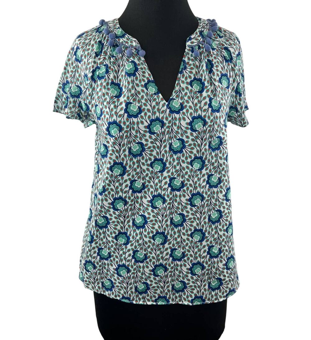 BODEN Green Blue Mesa Floral Print Short Sleeve 100% Cotton Pom Pom Blouse Sz 2